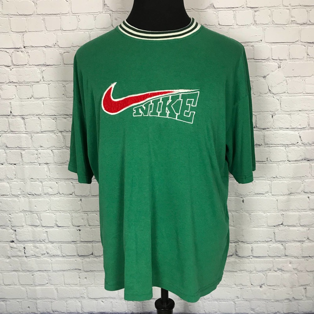 Vintage 80s Nike Green Embroidered Logo Spellout Grey Label T-Shirt | Size XL